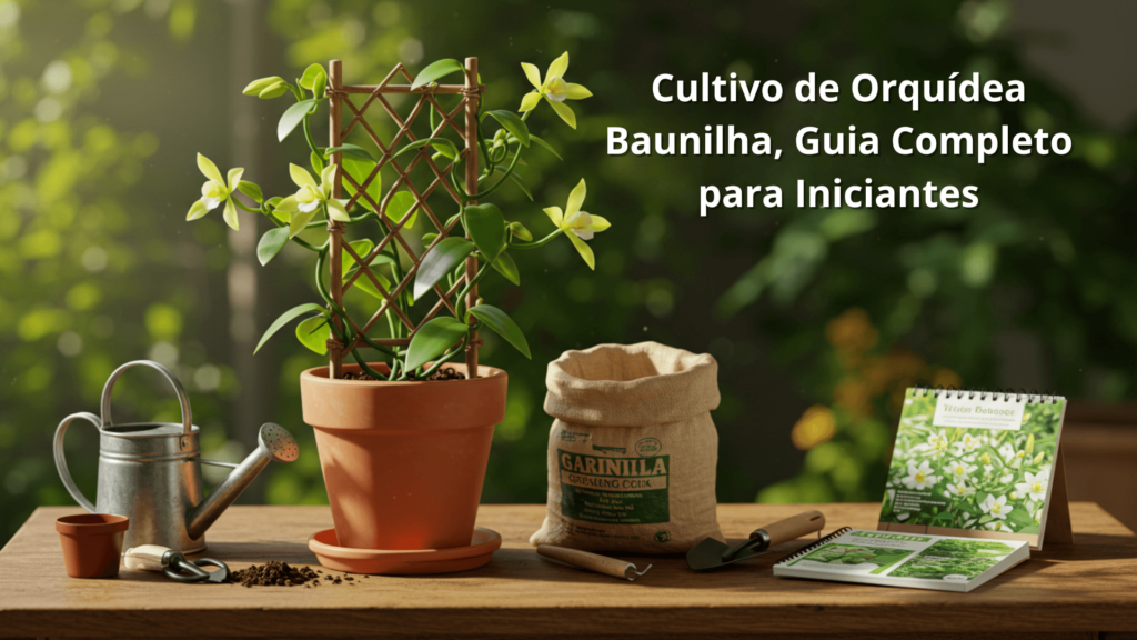 Mesa com produtos para cultivo de orquídea baunilha.